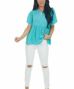 Andree Teal Multicolor Polka Dot Drop Waist Woven Top Tops