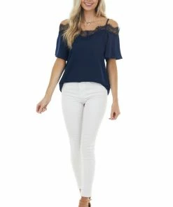Davi & Dani Navy Blue Cold Shoulder Short Sleeve Blouse With Lace Tops
