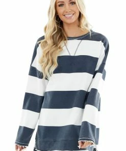 Cezele Vintage Navy And White Striped Print Long Sleeve Knit Top 23 Cezele Vintage Navy And White Striped Print Long Sleeve Knit Top
