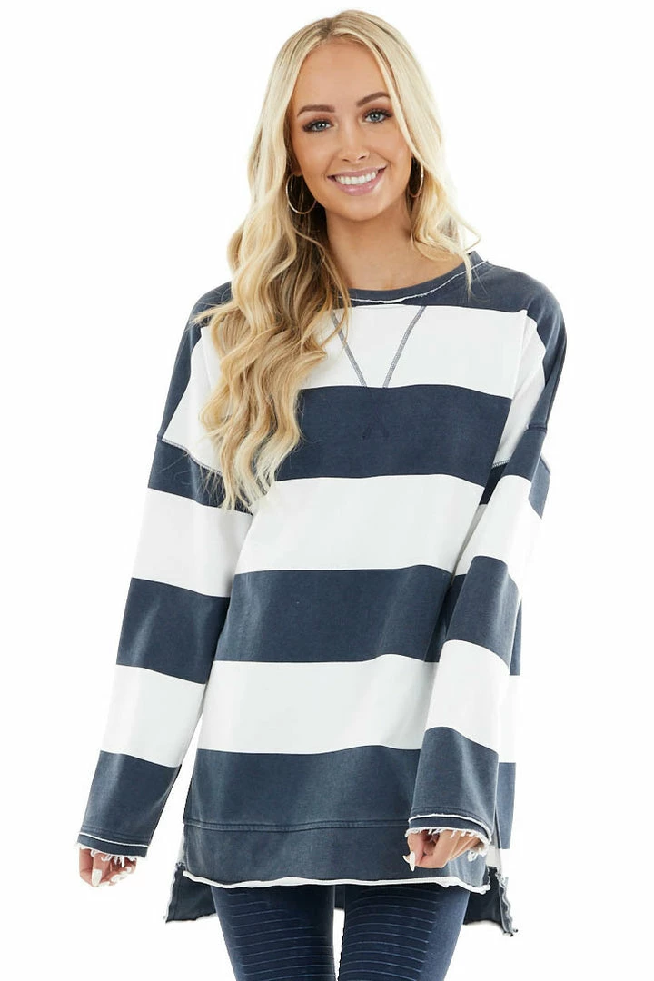 Cezele Vintage Navy And White Striped Print Long Sleeve Knit Top 10 Cezele Vintage Navy And White Striped Print Long Sleeve Knit Top