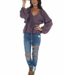 &merci Tops Deep Lilac V Neck Flowy Blouse With Tie Detail