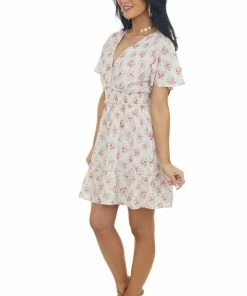 Sweet Lemon Champagne Floral Surplice Smocked Mini Dress Dresses