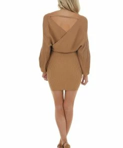 Style Melody Brown Sugar Surplice Ribbed Knit Sweater Dress Dresses