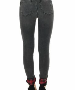Judy Blue Faded Black Mid Rise Jeans With Plaid Patches And Cuffs Bottoms