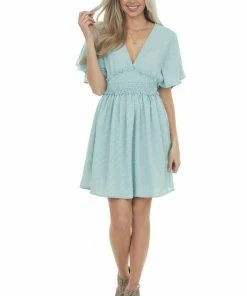 Umgee Arctic Blue Swiss Dot Smocked Waist Mini Dress
