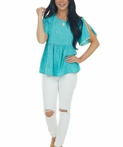 Andree Teal Multicolor Polka Dot Drop Waist Woven Top Tops