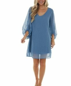 Eesome Dresses Ocean Long Bubble Sleeve Swiss Dot Short Dress