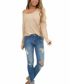 Hailey & Co Tops Desert Sand Long Sleeve Knit Top With Front Pocket Detail