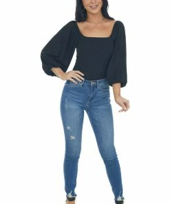 Entro Black Square Neck Bubble Sleeve Bodysuit Tops