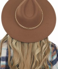 Fame Accessories Coffee Felt Flat Brim Western Style Hat With Chain Detail
