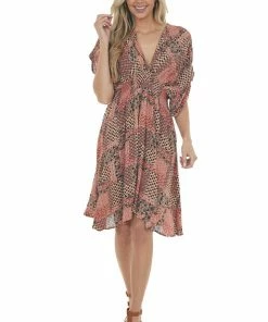 Sweet Lemon Dresses Rust Floral Print Plunging V Neck Short Dress