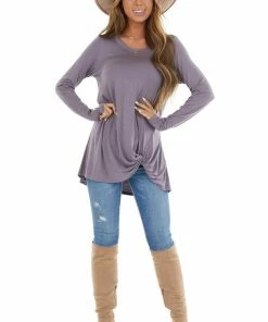Kye Mi Lavender Knit Long Sleeve Top With Hem Twist Detail
