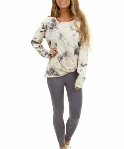 Umgee Tops Coffee And Cream Tie Dye Long Sleeve With Front Knot Detail