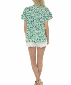 Hailey & Co Jade Floral Print V Neck Flutter Sleeve Blouse