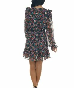 Peach Love Black Floral Print Surplice Woven Mini Dress Dresses