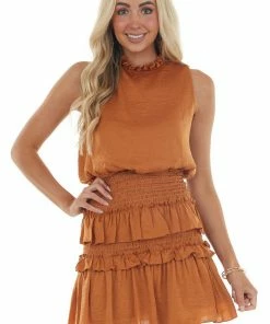 She + Sky Caramel Sleeveless Blouson Dress With Smocking And Ruffles Dresses