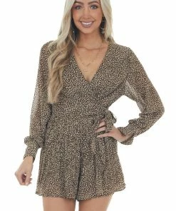 She + Sky Dresses Walnut Leopard Drop Waist Romper With Wrap Tie