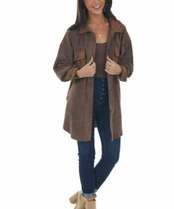 143 Story Coffee Contrast Oversized Corduroy Shacket Tops