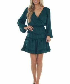 Peach Love Forest Green Tiered Satin Surplice Dress Dresses