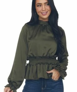 Peach Love Dark Army Green Mock Neck Smocked Peplum Top