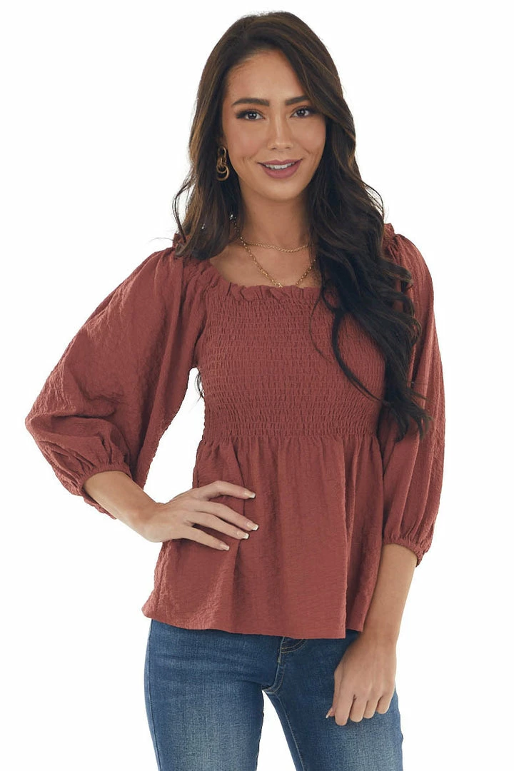 Hailey & Co Marsala Textured Smocked Bodice 3/4 Sleeve Top 11 Hailey & Co Marsala Textured Smocked Bodice 3/4 Sleeve Top