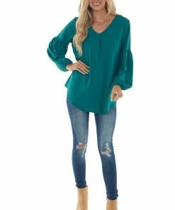 Jodifl Pine Drop Shoulder Bubble Sleeve Woven Top