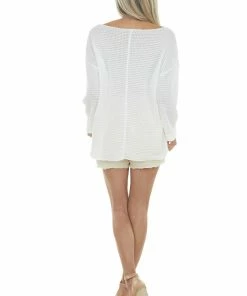 Jodifl Ivory Waffle Knit Notch Neck Top With Loose Long Sleeves Tops
