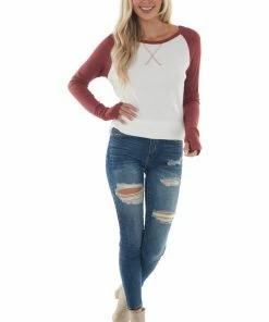 Lovely Melody Brick And Ivory Long Sleeve Top With X Stitch Detail Tops 13 Lovely Melody Brick And Ivory Long Sleeve Top With X Stitch Detail Tops