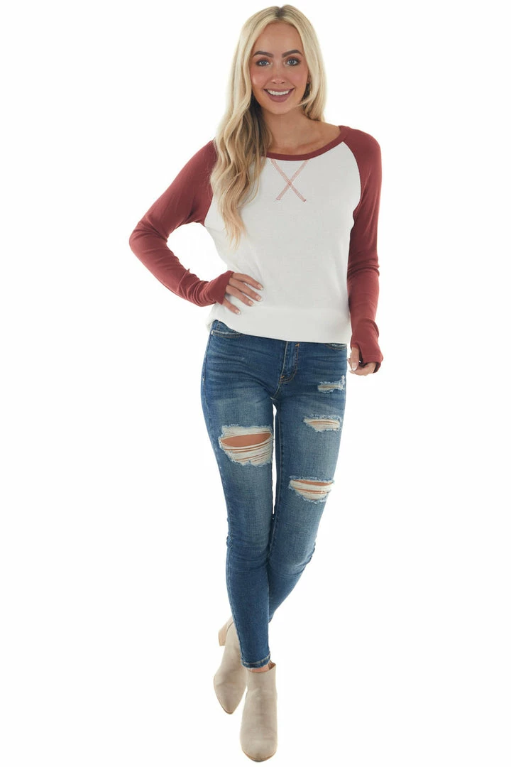 Lovely Melody Brick And Ivory Long Sleeve Top With X Stitch Detail Tops 6 Lovely Melody Brick And Ivory Long Sleeve Top With X Stitch Detail Tops