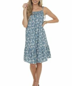 Ces Femme Dusty Slate Floral Print Sleeveless Short Ruffled Dress