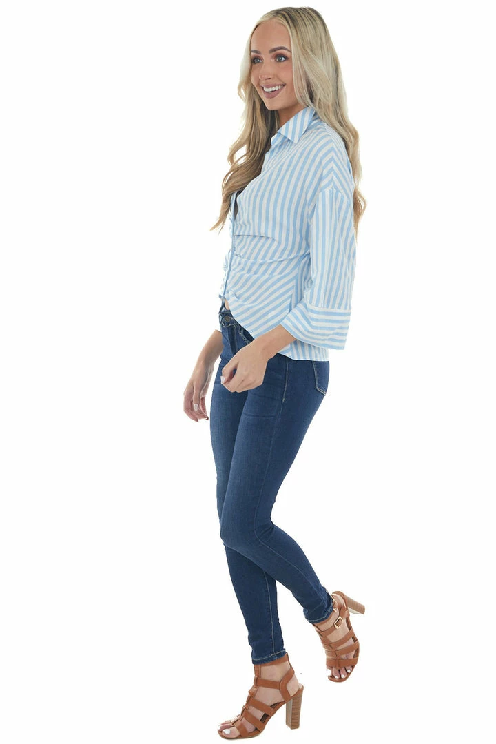 Umgee Tops Baby Blue And Ivory Striped Half Button Top 8 Umgee Tops Baby Blue And Ivory Striped Half Button Top
