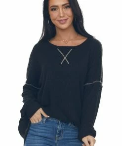Now N Forever Tops Black Exposed Seam Ribbed Waffle Knit Top