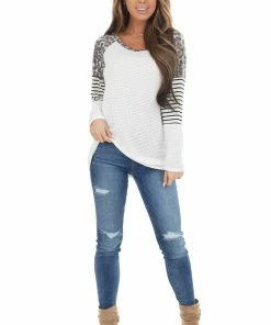 BiBi White Waffle Knit Top With Striped And Leopard Print Contrast 33 BiBi White Waffle Knit Top With Striped And Leopard Print Contrast