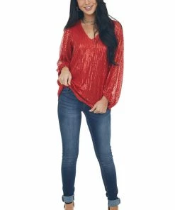 Vine & Love Tops Scarlet Sequin Long Bubble Sleeve Blouse