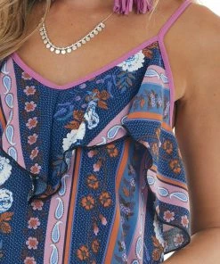 Haptics Catalina Blue Printed V Neck Overlay Tank Top Tops