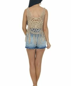 143 Story Latte Sleeveless Open Crochet Top With Fringe Tops