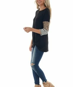 Now N Forever Black Multi Print Knit Top With 3-4 Sleeves