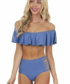 Envya Accessories Dusty Blue Off Shoulder Bikini Set With Strappy Details