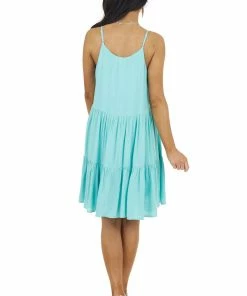 Staccato Dresses Turquoise Sleeveless Button Down Tiered Dress With V Neck