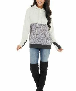 12PM Oatmeal Knit Cowl Neck Sweatshirt With Slate Leopard Print Tops 27 12PM Oatmeal Knit Cowl Neck Sweatshirt With Slate Leopard Print Tops