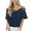 Davi & Dani Navy Blue Cold Shoulder Short Sleeve Blouse With Lace Tops