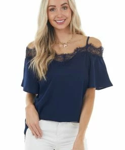 Davi & Dani Navy Blue Cold Shoulder Short Sleeve Blouse With Lace Tops