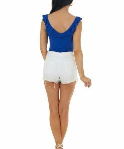 Peach Love Royal Blue Sleeveless Ruffle Detail Bodysuit