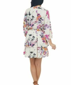Umgee Cream Floral Surplice Neck Mini Dress With Long Sleeves Dresses