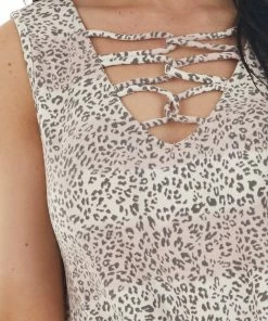 Lovely Melody Dusty Blush Leopard Print Sleeveless Top With Striped Detail Tops