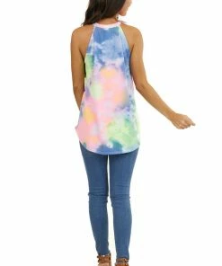 BiBi Tops Multicolor Tie Dye Sleeveless Top With Halter Neckline
