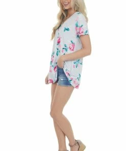 HEIMISH Tops Lunar Grey Floral Print Short Sleeve Top With V Neckline