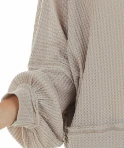 She + Sky Light Mocha Waffle Knit Puff Sleeve Loose Top Tops