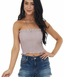 She + Sky Dusty Rose Strapless Smocked Bandeau Top With Ruffled Hem