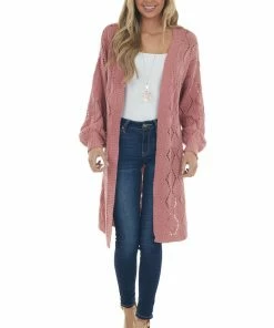 Davi & Dani Punch Pointelle Knit Bubble Sleeve Cardigan Cardigans
